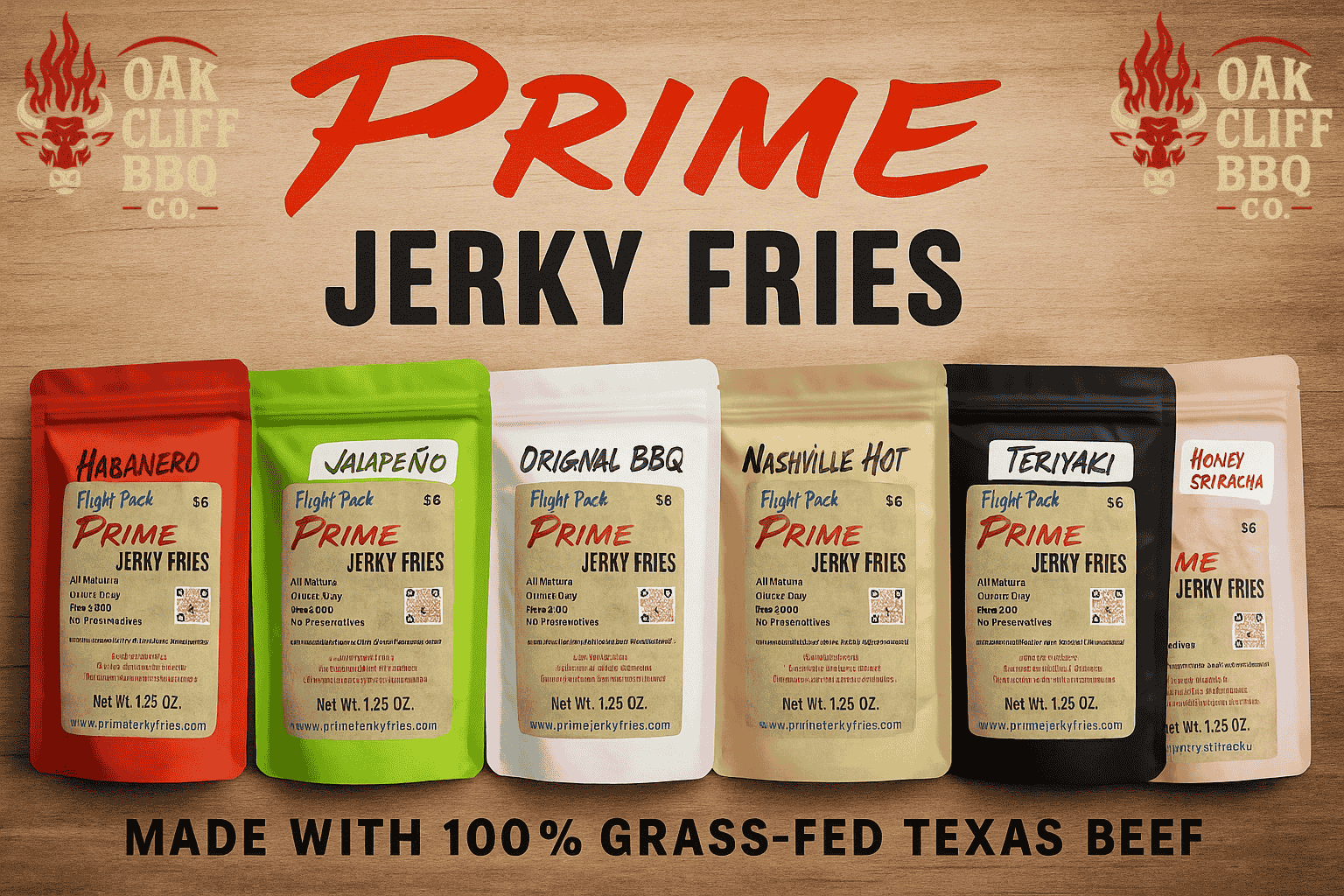 Oak Cliff BBQ Company website banner showcasing Prime Jerky Fries made with 100% grass-fed Texas beef in assorted bold flavors.