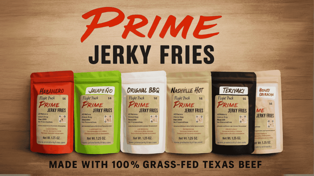 Prime Jerky Fries packaging lineup from Oak Cliff BBQ Co. featuring six bold flavors made with 100% grass-fed Texas beef.